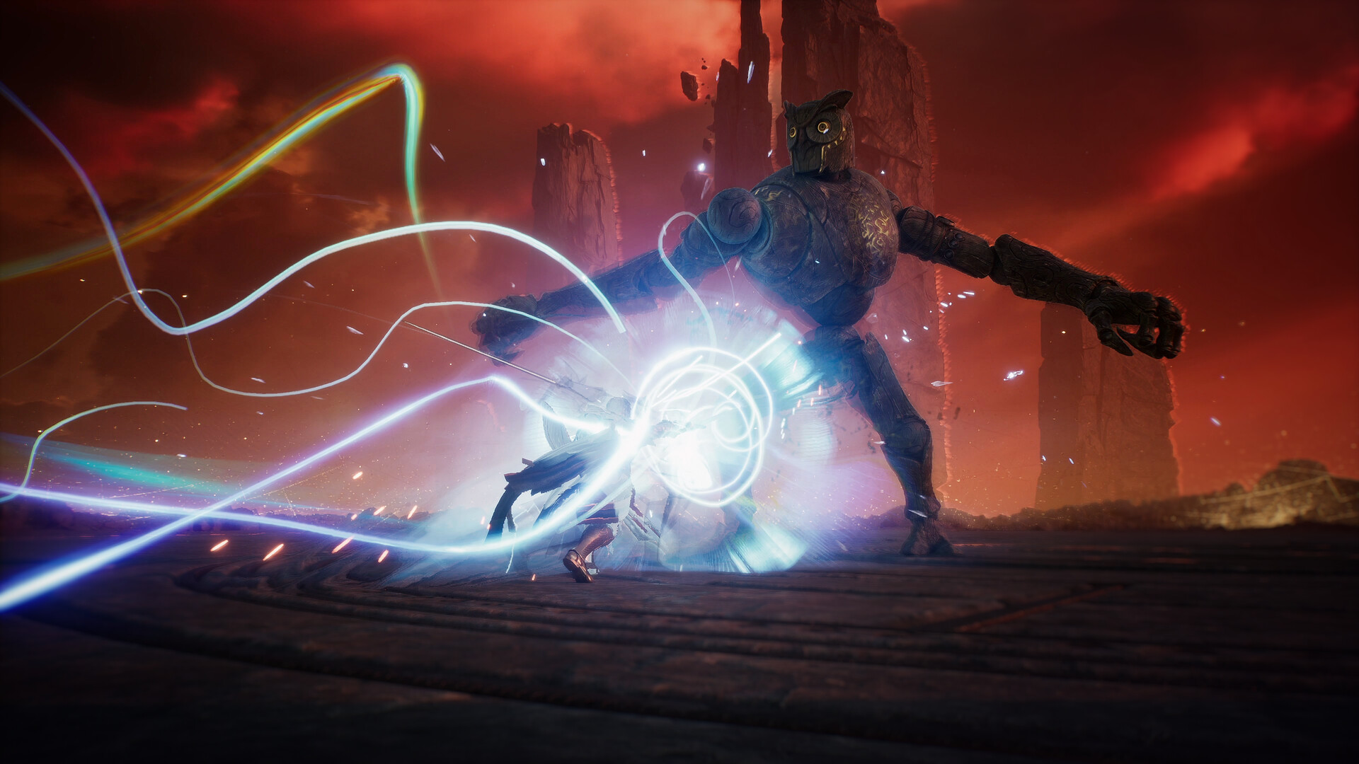 A player fighting a towering owl-shaped construct in an official AION 2 Global screenshot.