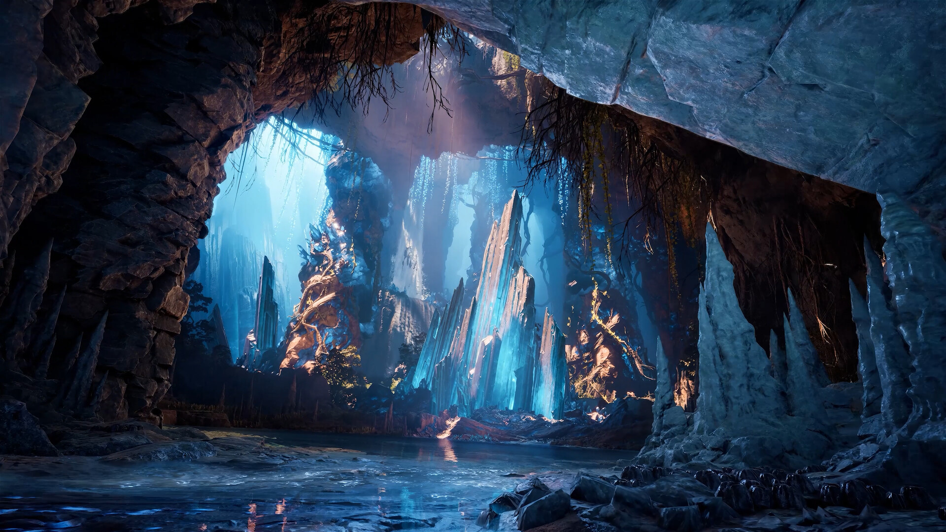 A blue crystal cavern in an official AION 2 Global Steam screenshot.