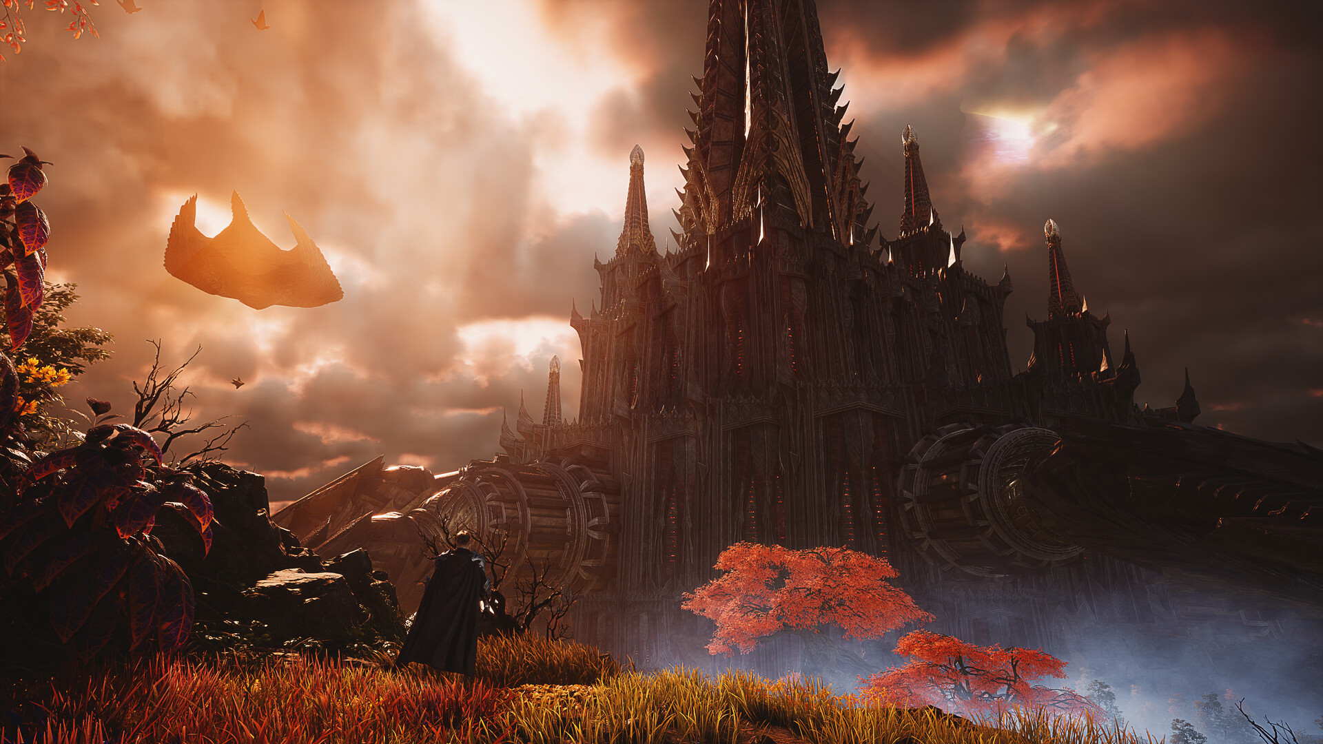 A dark fortress beneath an orange sky in an official AION 2 Global screenshot.